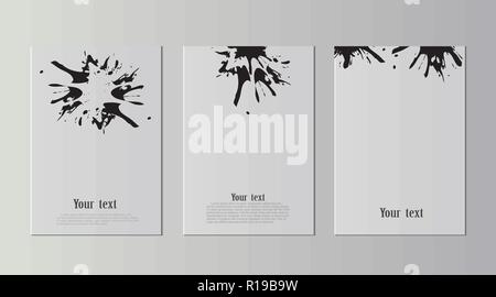 Ein Satz von A4-Blätter mit schwarzen Flecken kleben auf einem Blatt Papier. Schwarz abstrakt Design. Tinte Farbe auf Broschüre auf weißem Hintergrund. Flüssige Tinte auf ein Blatt Papier. Die banner Stock Vektor