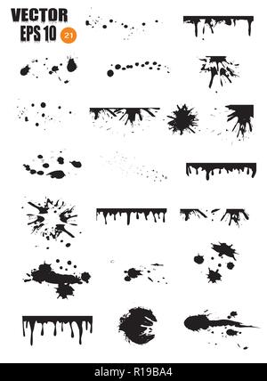 Eine große Auswahl an schwarze Tinte, Tinte verschmiert, Flecken, blots, Bürsten, Linien, rauh. Schwarz Pinselstriche, Elemente der künstlerischen Gestaltung. Vector Illustration. Auf weissem Hintergrund Stock Vektor