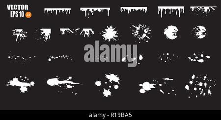 Eine große Anzahl von weißen Tropfen Farbe, weiße Schlieren, Flecken, blots, Bürsten, Linien, rauh. Weiße Pinselstriche von Lack, Elemente der künstlerischen Gestaltung. Vector Illustration. Auf schwarzem Hintergrund Stock Vektor