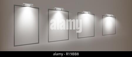 Eine Reihe von Frames wiegen auf der Wand. Rahmen für das Bild, rechteckig, rechteckigen Rahmen und die Lampe an der Wand, Vector Illustration Stock Vektor