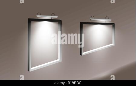 Eine Reihe von Frames wiegen auf der Wand. Rahmen für das Bild, rechteckig, rechteckigen Rahmen und die Lampe an der Wand, Vector Illustration Stock Vektor