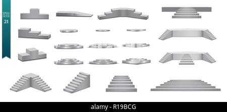 Satz silberne Podien, der verschiedenen Schritte der goldenen Farbe auf weißem Hintergrund Vector Illustration Stock Vektor