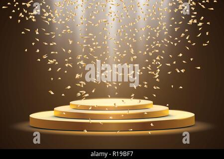 Golden Podium mit einem Spotlight auf einem dunklen Hintergrund, mit Nebel und Konfetti, der erste Platz, Ruhm und Popularität. Vector Illustration Stock Vektor