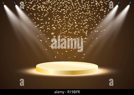 Golden Podium mit einem Spotlight auf einem dunklen Hintergrund, mit Nebel und Konfetti, der erste Platz, Ruhm und Popularität. Vector Illustration Stock Vektor