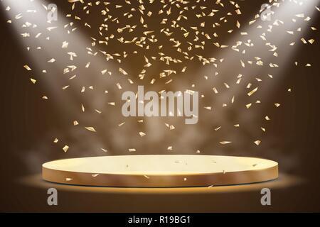 Golden Podium mit einem Spotlight auf einem dunklen Hintergrund, mit Nebel und Konfetti, der erste Platz, Ruhm und Popularität. Vector Illustration Stock Vektor