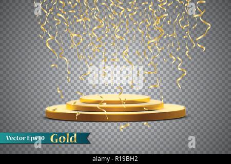 Golden Podium mit einem Spotlight auf einem dunklen Hintergrund, mit Nebel und Konfetti, der erste Platz, Ruhm und Popularität. Vector Illustration Stock Vektor