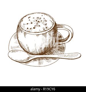 Skizze der Kaffeetassen auf eine Untertasse mit einem Löffel. Vector Illustration in Skizze Stil. Stock Vektor