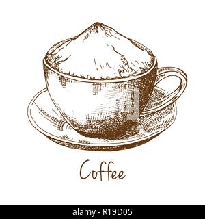 Skizze Becher Kaffee auf einer Untertasse. Die Inschrift ist Kaffee. Vector Illustration einer Skizze Stil. Stock Vektor