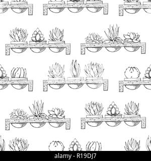 Skizze von drei Sukkulenten in Töpfen auf einem Holzständer. Vector Illustration einer Skizze Stil. Nahtlose Muster Stock Vektor