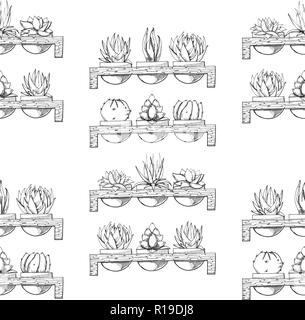 Skizze von drei Sukkulenten in Töpfen auf einem Holzständer. Vector Illustration einer Skizze Stil. Nahtlose Muster Stock Vektor