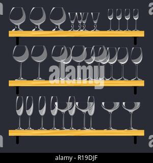 Drei Regale mit Brille. Einstellen der verschiedenen Gläser im Cartoon Stil. Vektor Stock Vektor