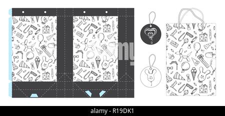Vorlage Papier Geschenkpaket. Hintergrund mit Urlaub Attribute. Vector Illustration. Stock Vektor