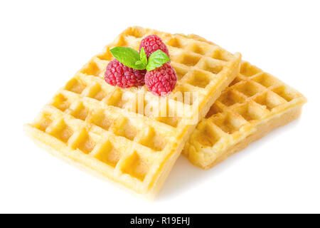 Sweet Toast, Waffeln Frühstück mit Himbeeren und mit Zweig Minze Makro Nahaufnahme auf weißem Hintergrund Stockfoto