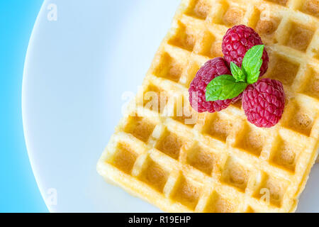 Sweet Toast, Waffeln mit Himbeeren und einem Zweig Minze auf einer weißen Platte Nahaufnahme Makro auf einem blauen Hintergrund Stockfoto