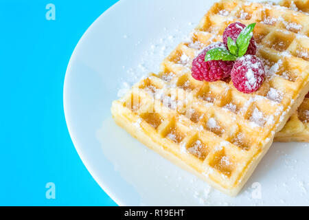 Sweet Toast, Waffeln mit Himbeeren und einem Zweig Minze und Zucker Pulver auf einem weißen Teller Nahaufnahme Makro auf einem blauen Hintergrund Stockfoto