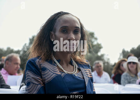 Beste der Frau Marathonläufer Gladys Cherono bei der Eröffnungsfeier von Athen authentische Marathon. Die Athener authentische Marathon ist eine jährliche laufende Veranstaltung in der Hauptstadt von Griechenland im November es die besten Läufer zieht um die Welt in den Fall zu konkurrieren. Stockfoto