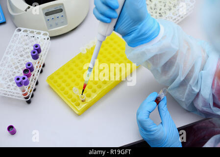 Dna Test im Labor. Dispenser mit Blut und Reagenzgläser close-up. Ein Tropfen Blut. Stockfoto