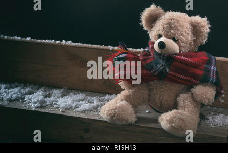 Winter, Kälte, Einsamkeit. Teddy mit Schal sitzt allein an einem verschneiten Sitzbank, Kopie Raum Stockfoto