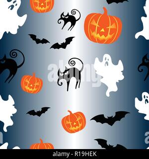 Nahtlose Halloween Hintergrund mit Katzen, Fledermäuse, Geister und Jack O'Lanterns Stock Vektor