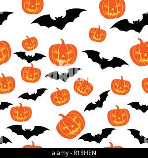 Nahtlose Hintergrund Illustration für Halloween mit schwarzen Fledermäusen und orange Kürbisse Jack O'Lanterns Stock Vektor