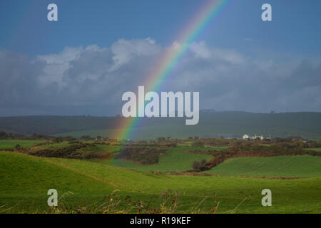 Skibbereen, West Cork, Irland, 10. November 2018. Heller Sonnenschein und Unwettern den ganzen Tag über West Cork mit milden Temperaturen bis zu 11 Grad Celsius. Glück für einige ein Regenbogen Formulare über das Bauernhaus und berührt in seinem Gebiet. Credit: aphperspective/Alamy leben Nachrichten Stockfoto