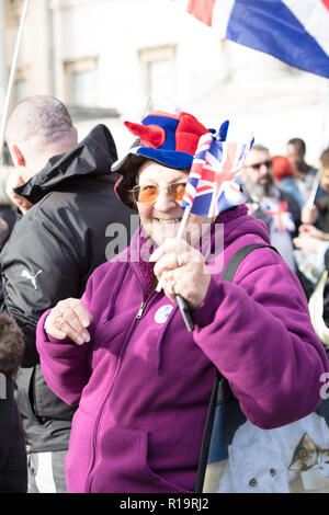 London, Großbritannien. 10. November 2018. Klein, aber lauten Protest Brexit März. Die britische und die UKIP Flagge schwenkten Brexiteers Montage auf dem Trafalgar Square und nach unten marschieren Whitehall, zurück in die Mall, dann Piccadilly Circus und die Rückkehr zum Trafalgar Square. Credit: Joe Kuis/Alamy leben Nachrichten Stockfoto