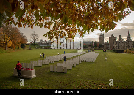 Cardiff, Großbritannien. 10. November 2018. Besucher und Rugby Unterstützer auf der Replik Commonwealth Kriegsgräber Kommission Friedhof an den Hof von Cardiff Castle installiert zu markieren, um den 100. Jahrestag des Waffenstillstandes vor Wales verse Australien Rugby Spiel im Fürstentum, das Stadion, das im Hintergrund zu sehen. Kredit Haydn Denman/Alamy leben Nachrichten Stockfoto