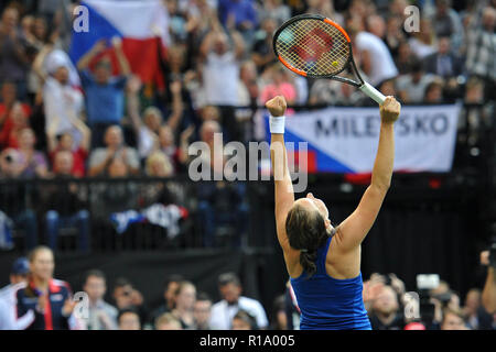 Prag, Tschechische Republik. 10 Nov, 2018. BARBORA STRYCOVA der Tschechischen Republik feiern, nachdem winnig Spiel während der 2018 Fed Cup Finale zwischen der Tschechischen Republik und den Vereinigten Staaten von Amerika in Prag. Credit: Slavek Ruta/ZUMA Draht/Alamy leben Nachrichten Stockfoto