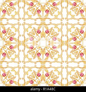 Nahtlose Muster mit goldenen Schriftrollen und Edelsteine Stockfoto