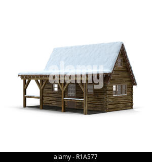 Ein kleines Holzhaus mit Weihnachten Girlanden dekoriert. 3D-Rendering. Auf einem weißen Hintergrund dargestellt. Stockfoto