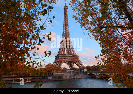 Der Eiffelturm und die herbstlichen Bäume im Vordergrund. Stockfoto