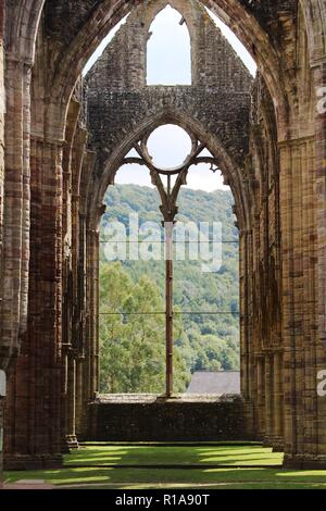 Das Skelett eines Fensters in Tintern Abbey Ruinen, Wales, Großbritannien Stockfoto