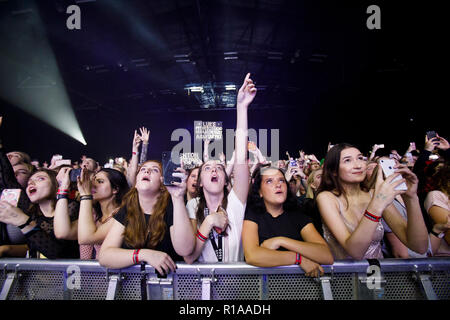 Dänemark, Kopenhagen - 8. November 2018. Ekstatisch Konzertbesucher an einem live Konzert mit der Australischen Pop Rock Band 5 Sekunden der Sommer im Forum "Black Box" in Kopenhagen. (Foto: Gonzales Foto - Pro Lange). Ohne DÄNEMARK Stockfoto