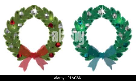 Weihnachten, das neue Jahr. Grüne Zweige in der Form von Weihnachten Kränze mit Kugeln und Bögen aus Fichtenholz. Auf einem weißen Hintergrund. Stock Vektor
