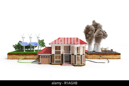 Das Konzept der ökologisch saubere Energie das Haus zu Sonnenkollektoren und Wetterfahnen anstelle von thermischen Kraftwerken verbunden ist. Stockfoto