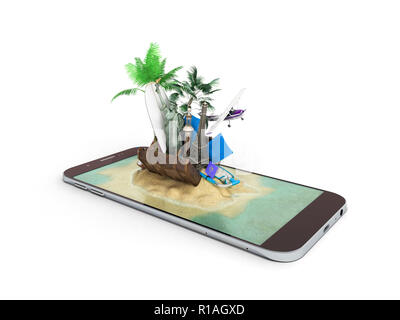 3D-Render von Tropical Island Resort mit blauen Meer Ozean Wasser Sandstrand und Palmen der Bildschirm des Smartphones Reisen Tourismus und Urlaub und Ferien Stockfoto