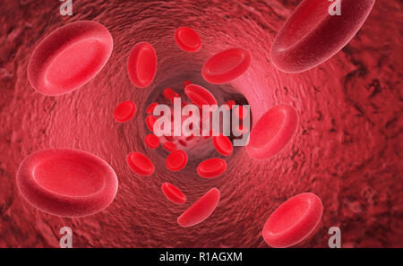 Rote Blutkörperchen Erythrozyten im Inneren des arteriellen oder kapillarblut Schiff mit Endothelzellen und Blutfluss oder Stream der menschlichen Anatomie Modell Stockfoto
