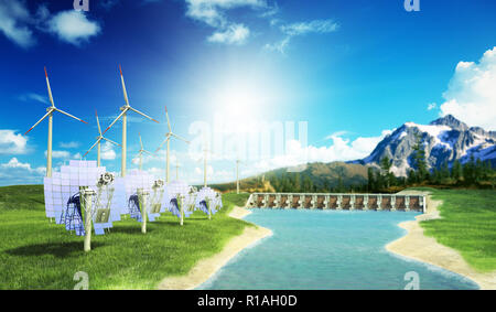 Solar Panels mit Windkraftanlagen gegen mountanis Landschaft gegen den blauen Himmel mit Wolken 3D-Rendering Stockfoto