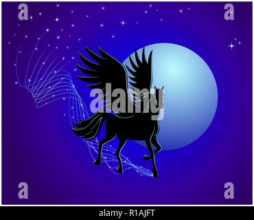 Fliegender Pegasus auf dem Hintergrund der Mond und Sterne Stock Vektor