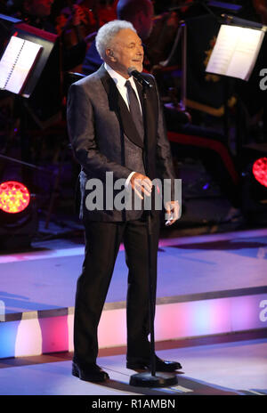 Sir Tom Jones führt während der jährlichen Royal British Legion Festival der Erinnerung in der Royal Albert Hall in London, die feiert und ehrt alle diejenigen, die ihr Leben in Konflikten verloren haben. Stockfoto