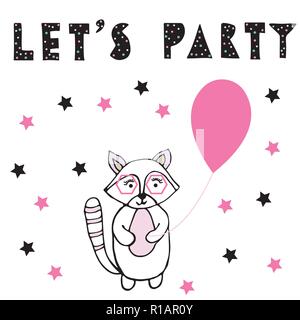 Mit der Partei. Baby Waschbär mit Rosa Ballon und handgezeichneten Schriftzug. Kid style Vector Illustration für Begrüßung oder Einladungskarte, Kindergarten und andere Stock Vektor