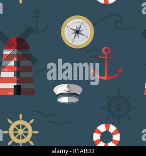 Marine Vektor nahtlose Muster in Blau, Weiß, Rot Stock Vektor