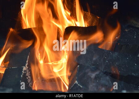 Nahaufnahme von Braunkohlenbriketts auf Feuer mit rot gelb Flammen in einer speziellen festen Ofen, rot und orange unscharfe Textur auf einem schwarzen Hintergrund. Stockfoto
