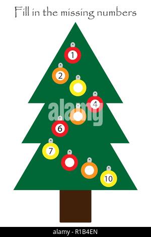 Spiel mit Weihnachtsbaum für Kinder, ergänzen Sie die fehlenden Zahlen, einfache, Bildung Spiel für Kinder, Schule Arbeitsblatt Aktivität, Aufgabe für die Entwicklung des logischen Denkens, Vector Illustration Stock Vektor