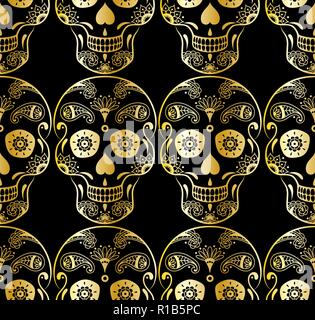 Vektor nahtlose Muster der golden Sugar Skull mit Doodle florale Elemente auf schwarzem Hintergrund. Hintergrund für die mexikanischen Tag der Toten Stock Vektor