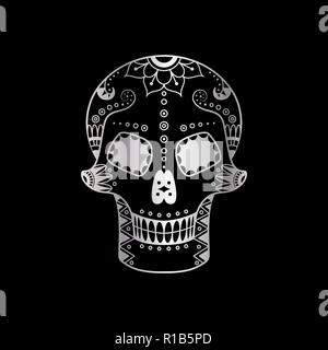 Vektor metall Sugar Skull mit Blumenmuster auf schwarzem Hintergrund. Luxus Abbildung: Sugar Skull für mexikanische Tag der Toten Feier Festival Stock Vektor