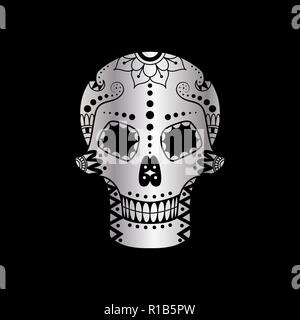 Vektor metall Sugar Skull mit Blumenmuster auf schwarzem Hintergrund. Luxus Abbildung: Sugar Skull für mexikanische Tag der Toten Feier Festival Stock Vektor