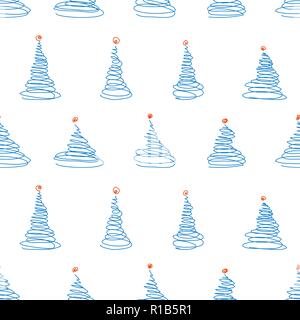 Vektor nahtlose Muster der Skizze blau Weihnachtsbäume mit roter Deko Kugel oben auf weißem Hintergrund Stock Vektor