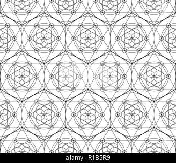 Die nahtlose Vektor geometrische Muster der schwarzen Heilige Geometrie Symbole mit Dreieck, Sechskant, Kreis und Blumenmotiv auf weißem Hintergrund Stock Vektor