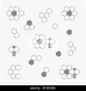 Vektor einrichten der Waben und Imkerei Firmenlogo. Blume und Biene von chemischen Formeln in Wabe Form Bienenwachs Logo. Stock Vektor